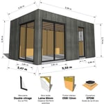 Abri Français - studio de jardin • 19,5 m2 - 5,55 x 3,52m • Bardage Gris • Intérieur osb