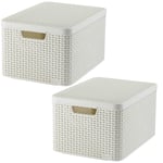 2x Storage Box Container Basket 2x 30L Lidded Handle Curver Rattan Style L HQ UK