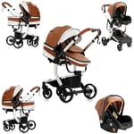 Sianldcone Cuir PU Poussette 3 en 1, Tissus Haut de Gamme Poussette Bebe, Poussoir Bidirectionnel Poussette Avec Cosy, Vision Buverte Poussettes Combinées (518 Khaki)