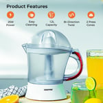 Electric Citrus Juicer 1.2L Lemon Squeezer 2 Citrus Cones Bi-Direction Twist 25W