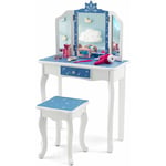 2 en 1 Coiffeuse Enfants Fille avec Miroir Amovible à 3 Volets & Tabouret, Table de Maquillage avec Tiroir & Motif Flocon de Neige, Charge 50kg pour