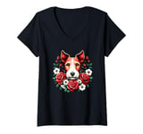 Womens Roses Flowers Fox Terrier V-Neck T-Shirt