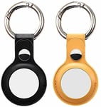 MOWIN 2 Pack Leather Protective Case Cover For Apple AirTag 2021, Lightweight Leather Tracker Holder with Keychain Hook, Safety and Anti-lost,Mini Easy to Carry (Black+Yellow)
