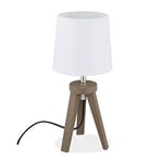 Relaxdays Lampe de table, trépied, bois et tissu, design scandinave, E14, HxD : 31x14 cm, luminaire chevet, blanc-marron