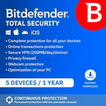 Bitdefender Total Security 2025 | 5 Devices | 1 Year | PC/Mac/iOS/Android | Activation Code by Email | Automatic Renewal