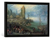 Kunst für Alle 'Encadré Image de Jan Brueghel l'Ancien Marché aux Poissons sur la mer Plage, d'art dans Le Cadre de Haute qualité Photos Fait Main, 60 x 40 cm, Noir Mat