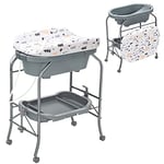 DREAMADE Table à Langer Étanche 4 en 1,Baignoire Pliable Bébé 0-12 Mois avec 4 Roues Universelles Verrouillables,Commode à Langer Charge 35 KG (Gris)