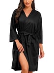 Lovasy Peignoir Court Femme en Tricot Gaufré Robes de Chambre Doux et Léger Longueur du Genou Loungewear Col V avec Ceinture A Noir M