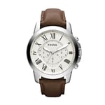 Fossil Montre pour Homme Grant, Mouvement Chronographe à Quartz, Boîtier en Acier Inoxydable Argenté de 44 mm avec Bracelet en Cuir Véritable, Fs4735