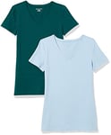 Amazon Essentials Women's Classic-Fit Short-Sleeve V-Neck T-Shirt, Pack of 2, Dark Green/Powder Blue, XS