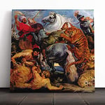 Big Box Art Canvas Print Wall Art Peter Paul Rubens Tiger Hunt | Mounted and Stretched Box Frame Picture | Home Decor for Kitchen, Living, Dining Room, Bedroom, Hallway, Muli-Colour, 14x14 Inch