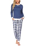 Ekouaer Pyjama Carreaux Femme Vêtements de Nuit Longue Pijama Plaid Manche Longue Enseblems de Pyjama Chic 2 Pièce Coton