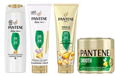 Pantene Active Pro-V Lisse & Soyeux Routine Avec Shampoing, Après-shampoing, Miracle Serum Et Masque Capillaire, Formule Pro-V + Antioxydants, Pour Les Cheveux Frisés Et Ternes