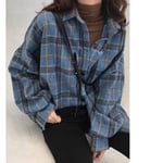 Shirt Early Autumn Women'S Retro Hong Kong Style Lazy Style Loose Plaid Long Sleeve Shirt Coat Apply To Party Holiday Daily Work Etc-Blue_S