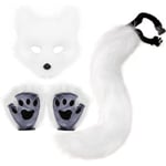 Faux pälsräv svans katt varg cosplay kostym set plysch mask fluffiga tass handskar Halloween jul White