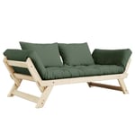 Banquette méridienne futon BEBOP pin naturel coloris vert olive couchage 75*200 cm.