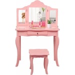 Ensemble de Coiffeuse avec Tabouret pour Enfants avec Tiroir et Miroir Amovible et Pliable à 3 Volets, Table de Maquillage de Style Princesse avec