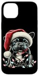 Coque pour iPhone 14 Plus Mignon bouledogue français noir à mâcher lumière de Noël Frenchie Christmas