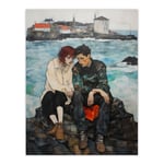 The Heart To Heart Egon Schiele Style Couple Sitting in Coastal Landscape Blue Grey Red Oil Painting Unframed Wall Art Print Poster Home Decor Premium