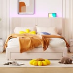 Lit double rembourré en velours 160x200cm - avec led et Port de charge usb - avec un grand tiroir - Beige