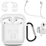 étui écouteurs en Silicone pour AirPods 1/2 Housse de Protection 6en1 avec Corde Anti-Perte, Boucle Anti-Pendaison et Manchon Bouchon d¿Oreille (Blanc)