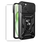 Case for iPhone 15 Plus Phone Cover + Glass Screen Protector, Stand Black