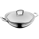 WMF Wok avec Couvercle en Verre Non revêtu - Diamètre 36 cm - avec Bord verseur - Acier Inoxydable Cromargan® - Compatible avec plaques à Induction - Passe au Lave-Vaisselle