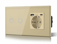 Schuko Interrupteur D'Éclairage, Prise, Encastré, 2 Compartiments, 1 Voie, Prise 3-En-1, Puissance De Charge Usb 2,1 A, Adaptateur De Type C, Station De Charge, Rallonge En Verre, [VID061432]