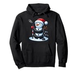 Cartoon Ice Hockey Puck Snowman with Santa Hat Christmas Pullover Hoodie