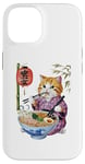 Coque pour iPhone 14 Chat animé mignon en kimono mangeant des ramen Anime drôle