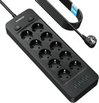 NVEESHOX Multiprise Electrique (16A/4000W), Multiprise 10 Prises avec 4 Ports USB, Bloc Multiprise Parafoudre et Surtension avec Interrupteur, Câble 5Mpour Maison Bureau,Noir