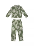 Chelsea Peers Leopard Print Kids' Button Up Pyjama Set, Green/Cream