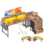 ODK Bureau d'angle, Bureau en L avec 2 Prise de Charge USB et 2 Prise de Courant, Bureau Informatique Réversible avec 4 Tiroirs et Tablette pour écran Bureau pour Domicile (Marron, 160x80x84.7cm)