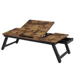 SONGMICS Table de lit, Support pour Ordinateur Portable Jusqu à 14,3 Pouces, Plateau de Service Petit-déjeuner, pour droitier et gaucher, avec Pieds réglables, tiroir, Marron Foncé Rustique LLD110B01