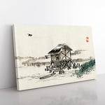 Cottage In The River By Kono Bairei Asian Japanese Canvas Wall Art Print Ready to Hang, Framed Picture for Living Room Bedroom Home Office Décor, 60x40 cm (24x16 Inch)