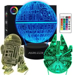 Lampe 3d Star Wars, 3 Motifs, 1 Socle, 1 Télécommande, Motif Star Wars R2-D2, Étoile De La Mort, Faucon Millenium, Avec Télécommande[Yed140177]