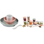 BÉABA, Set Vaisselle Silicone Repas Bébé, Avec Ventouse, Anti-dérapant, 4 Pièces, Assiette + Bol+ Verre + Cuillère & Lot de 12 Portions Conservation et 2 Cuillères Silicone, Clip, Pots empilables