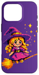 Coque pour iPhone 16 Pro Pixelated Petite sorcière violette sur un balai pour enfants