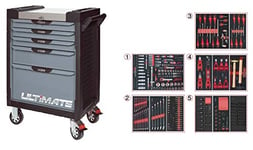 KS Tools 816.5380 - Servante d'atelier 5 tiroirs - Gamme ULTIMATE® - Système de fermeture centralisé par serrure - 4 roues robustes - Equipée de 384 outils - Couleur Grise et Noire