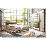 Chambre à coucher complète adulte (lit 160 x 200cm + 2 chevets + armoire) coloris imitation chêne/gris foncé Pegane