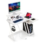 COSTWAY Petit Bureau d Angle - Support d Écran pour PC avec Prises et Ports USB, Crochet Étagère de Rangement, 107x45x93 cm, Blanc