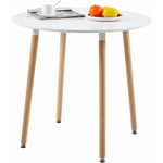 Table à Manger Ronde Moderne Laquée Blanc Mat pour 2 à 4 Personnes - Pieds en Hêtre - 80 x 80 x 73 cm