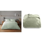 Silentnight Supersoft Duvet Set Single and Throw Sage Green - Supersoft Duvet Cover Set with Matching Pillowcase and Fleece Throw Blanket - Machine Washable - Single