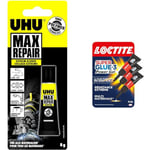 UHU Max Repair Extrême - Colle extra forte tout support, flexible, transparente, idéale pour le bois & Loctite Super Glue-3 Power Gel Mini Dose, colle forte enrichie en caoutchouc