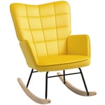 HOMCOM Fauteuil à Bascule, Rocking Chair, revêtement en velous, Fauteuil Allaitement, Chaise à basule, Structure en Acier, Pieds en Bois Massif, Jaune