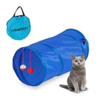 Relaxdays Tunnel Pliable pour Chat, LxD : env. 48x26 cm, avec Jouets et Sac de Transport, Jouet interactif, Bleu