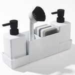 Kitchen Soap Dispenser with Sponge Holder Set for Sink Caddy, Hand Soap and Dish Soap Dispenser with Brush Matte White