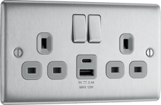 BG NBS22UAC12G Brushed Steel Double Socket with USB 12W Type A & Type C USB Grey