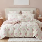 Sedefen Housse de Couette 140x200 Motif du cœur Rose Blanc Peluche Flanelle Hiver Chaude Duveteuse Parure de lit 1 Personne + 1 Taie d'oreiller 65x65 Filles Adulte Ado Linge de lit