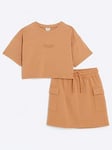 River Island Girls Diamante T-Shirt And Skirt Set - Beige